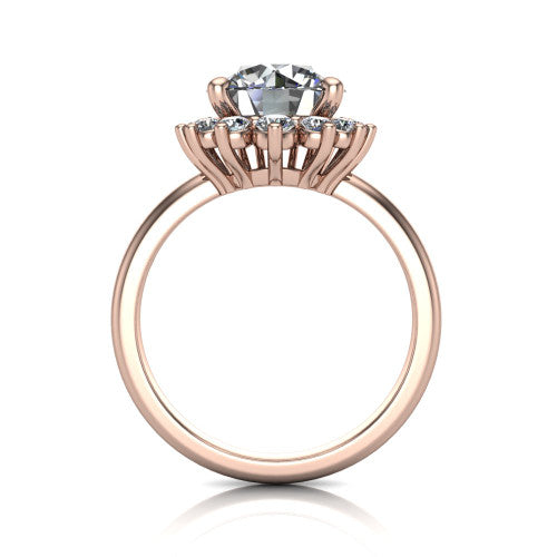 Matilda round halo engagement ring in 18K Rose Gold, side profile showing the fluted crown basket, sunburst halo, and slim polished band
