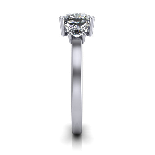 Olivia cushion three stone engagement ring in 18K White Gold, side profile showing the squared flat-top shank and three-stone head
