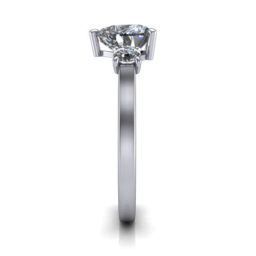 Olivia heart three stone engagement ring in 18K White Gold, side profile showing the squared flat-top shank and three-stone head
