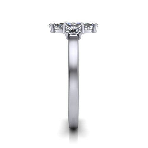 Olivia marquise three stone engagement ring in Platinum, side profile showing the squared flat-top shank and three-stone head