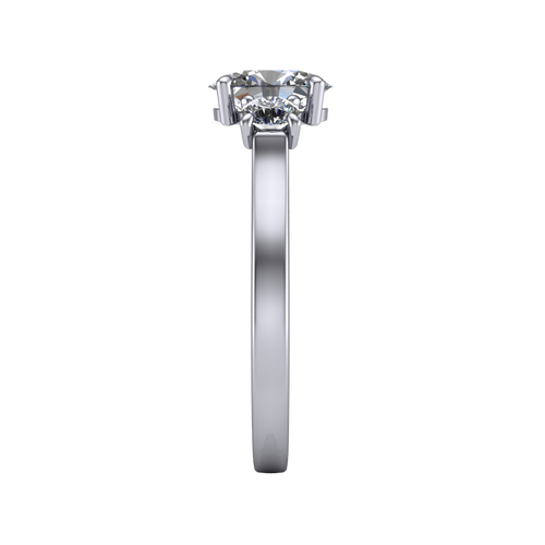 Olivia oval three stone engagement ring in 14K White Gold, side profile showing the squared flat-top shank and three-stone head