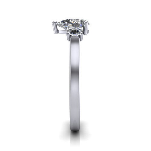 Olivia pear three stone engagement ring in 18K White Gold, side profile showing the squared flat-top shank and three-stone head