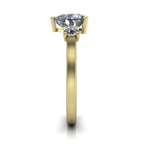 Olivia heart three stone engagement ring in 14K Yellow Gold, side profile showing the squared flat-top shank and three-stone head