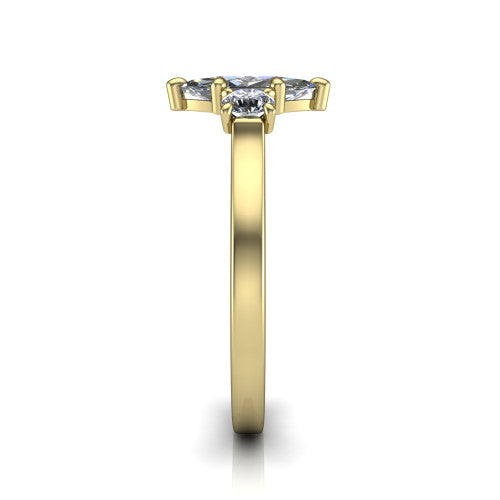 Olivia marquise three stone engagement ring in 18K Yellow Gold, side profile showing the squared flat-top shank and three-stone head