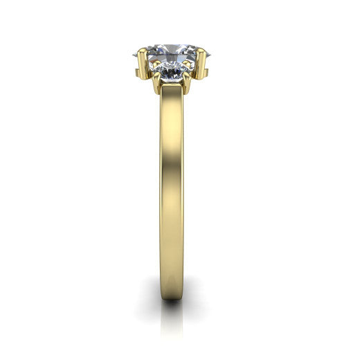 Olivia oval three stone engagement ring in 18K Yellow Gold, side profile showing the squared flat-top shank and three-stone head