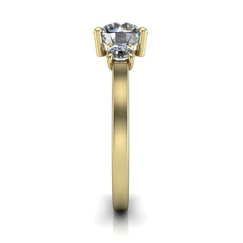 Olivia round three stone engagement ring in 14K Yellow Gold, side profile showing the squared flat-top shank and three-stone head