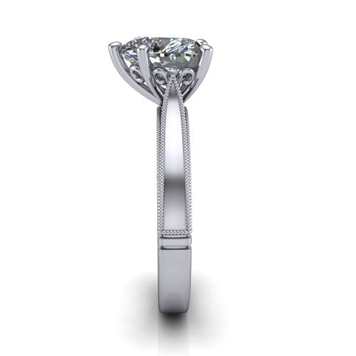 Adeline heart solitaire engagement ring in 14K White Gold, side profile showing the wide flat-top band with milgrain bead borders along top and bottom