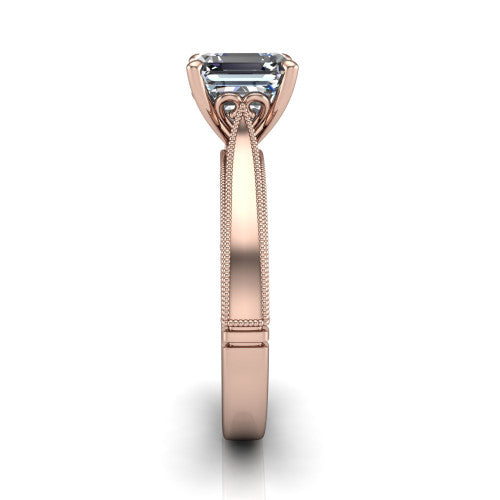 Adeline square emerald solitaire engagement ring in 14K Rose Gold, side profile showing the wide flat-top band with milgrain bead borders along top and bottom