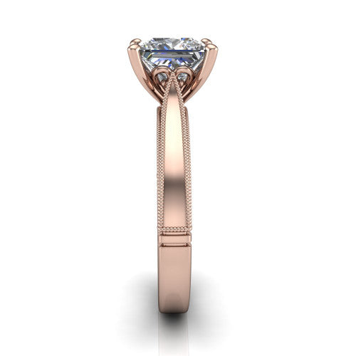 Adeline princess solitaire engagement ring in 18K Rose Gold, side profile showing the wide flat-top band with milgrain bead borders along top and bottom