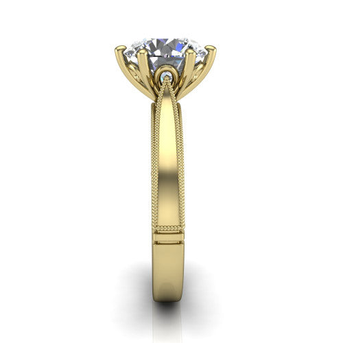 Adeline round solitaire engagement ring in 18K Yellow Gold, side profile showing the wide flat-top band with milgrain bead borders along top and bottom