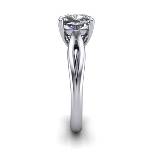 Beatrice cushion solitaire engagement ring in 18K White Gold, side profile showing the trellis crossover arms beneath the head and slim polished band