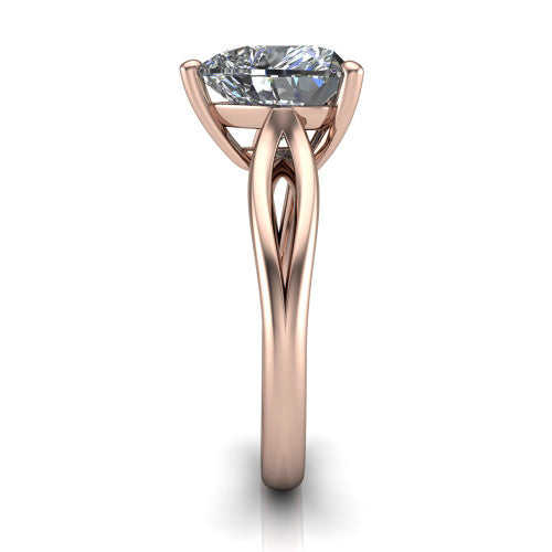 Beatrice heart solitaire engagement ring in 14K Rose Gold, side profile showing the trellis crossover arms beneath the head and slim polished band