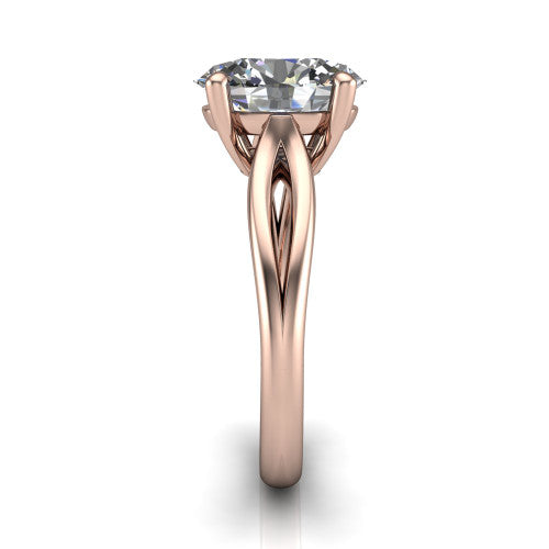 Beatrice oval solitaire engagement ring in 18K Rose Gold, side profile showing the trellis crossover arms beneath the head and slim polished band