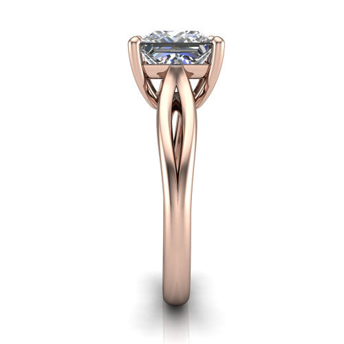 Beatrice princess solitaire engagement ring in 14K Rose Gold, side profile showing the trellis crossover arms beneath the head and slim polished band