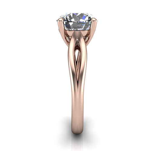 Beatrice round solitaire engagement ring in 14K Rose Gold, side profile showing the trellis crossover arms beneath the head and slim polished band