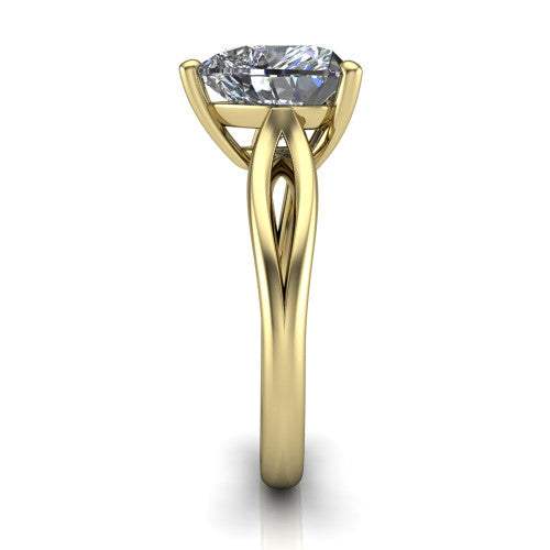 Beatrice heart solitaire engagement ring in 14K Yellow Gold, side profile showing the trellis crossover arms beneath the head and slim polished band