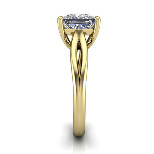 Beatrice princess solitaire engagement ring in 14K Yellow Gold, side profile showing the trellis crossover arms beneath the head and slim polished band
