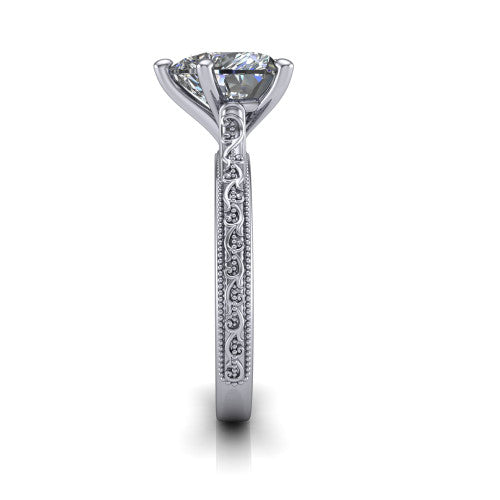 Violet heart solitaire engagement ring in 18K White Gold, side profile showing the hand-engraved scroll motif and milgrain bead edges along the shank