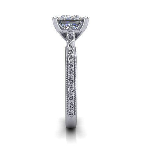 Violet princess solitaire engagement ring in Platinum, side profile showing the hand-engraved scroll motif and milgrain bead edges along the shank