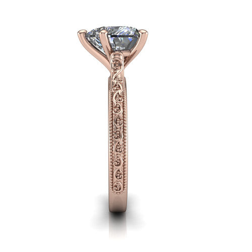 Violet heart solitaire engagement ring in 14K Rose Gold, side profile showing the hand-engraved scroll motif and milgrain bead edges along the shank