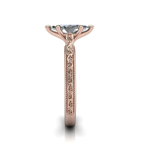 Violet marquise solitaire engagement ring in 14K Rose Gold, side profile showing the hand-engraved scroll motif and milgrain bead edges along the shank