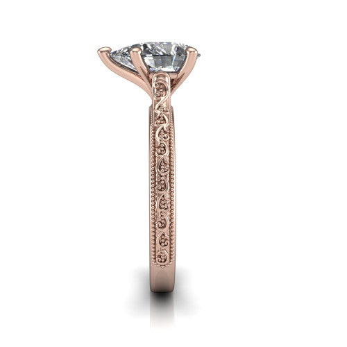 Violet pear solitaire engagement ring in 14K Rose Gold, side profile showing the hand-engraved scroll motif and milgrain bead edges along the shank