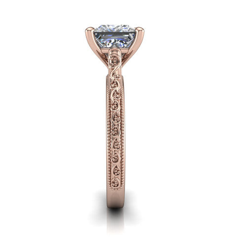 Violet princess solitaire engagement ring in 18K Rose Gold, side profile showing the hand-engraved scroll motif and milgrain bead edges along the shank