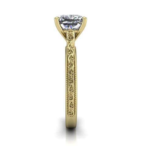 Violet cushion solitaire engagement ring in 18K Yellow Gold, side profile showing the hand-engraved scroll motif and milgrain bead edges along the shank