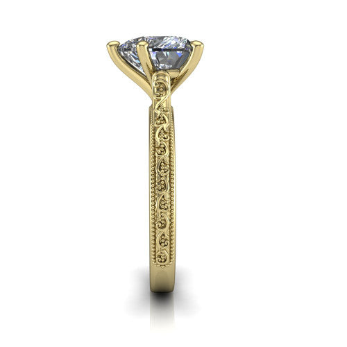 Violet heart solitaire engagement ring in 18K Yellow Gold, side profile showing the hand-engraved scroll motif and milgrain bead edges along the shank