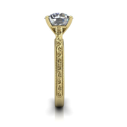 Violet round solitaire engagement ring in 18K Yellow Gold, side profile showing the hand-engraved scroll motif and milgrain bead edges along the shank