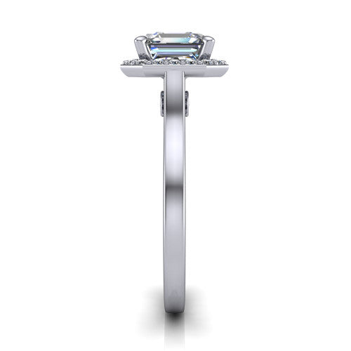 Anastasia square emerald halo engagement ring in 14K White Gold, side profile showing the slim halo head, cathedral shoulders, and polished plain band