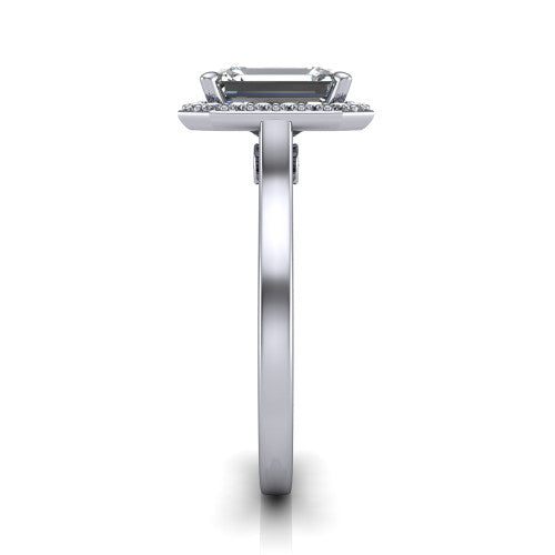 Anastasia emerald halo engagement ring in 14K White Gold, side profile showing the slim halo head, cathedral shoulders, and polished plain band