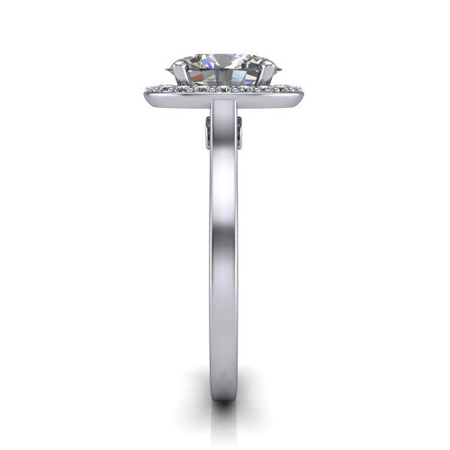 Anastasia oval halo engagement ring in Platinum, side profile showing the slim halo head, cathedral shoulders, and polished plain band