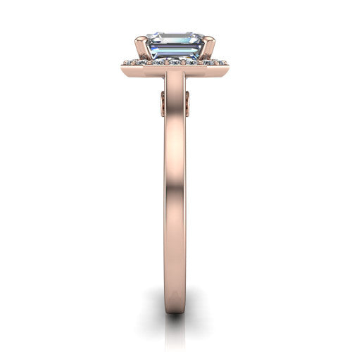 Anastasia square emerald halo engagement ring in 18K Rose Gold, side profile showing the slim halo head, cathedral shoulders, and polished plain band