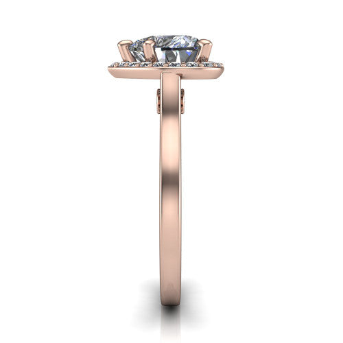 Anastasia heart halo engagement ring in 18K Rose Gold, side profile showing the slim halo head, cathedral shoulders, and polished plain band