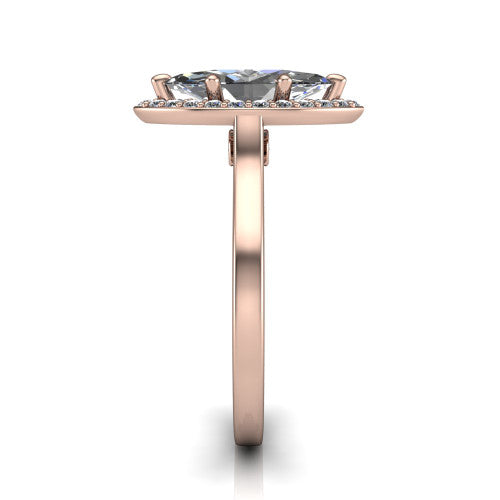 Anastasia marquise halo engagement ring in 18K Rose Gold, side profile showing the slim halo head, cathedral shoulders, and polished plain band