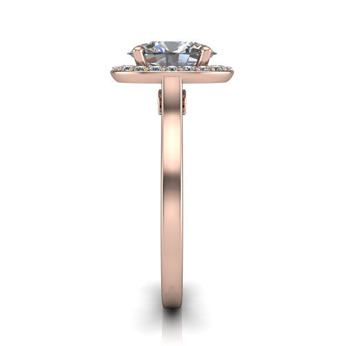 Anastasia oval halo engagement ring in 18K Rose Gold, side profile showing the slim halo head, cathedral shoulders, and polished plain band