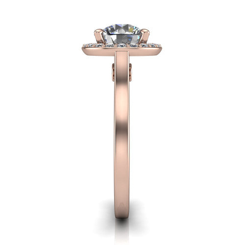 Anastasia round halo engagement ring in 18K Rose Gold, side profile showing the slim halo head, cathedral shoulders, and polished plain band