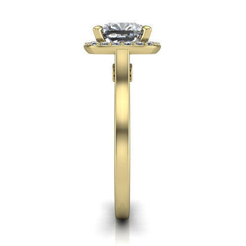 Anastasia cushion halo engagement ring in 18K Yellow Gold, side profile showing the slim halo head, cathedral shoulders, and polished plain band