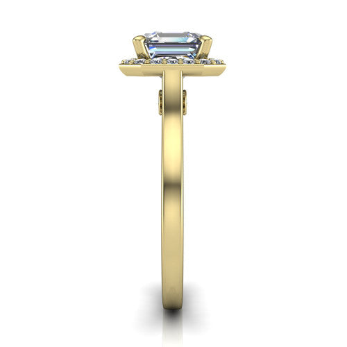 Anastasia square emerald halo engagement ring in 14K Yellow Gold, side profile showing the slim halo head, cathedral shoulders, and polished plain band