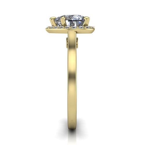 Anastasia heart halo engagement ring in 14K Yellow Gold, side profile showing the slim halo head, cathedral shoulders, and polished plain band