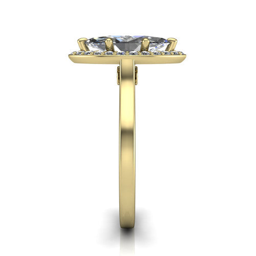 Anastasia marquise halo engagement ring in 14K Yellow Gold, side profile showing the slim halo head, cathedral shoulders, and polished plain band