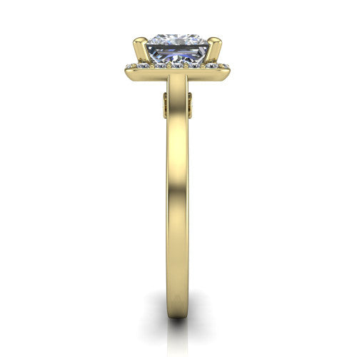 Anastasia princess halo engagement ring in 18K Yellow Gold, side profile showing the slim halo head, cathedral shoulders, and polished plain band