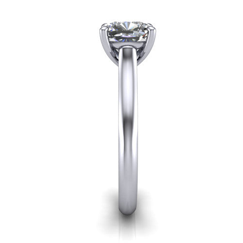 Saylor cushion solitaire engagement ring in 18K White Gold, side profile showing the cathedral head, filigree gallery scrolls, and tapered polished shank