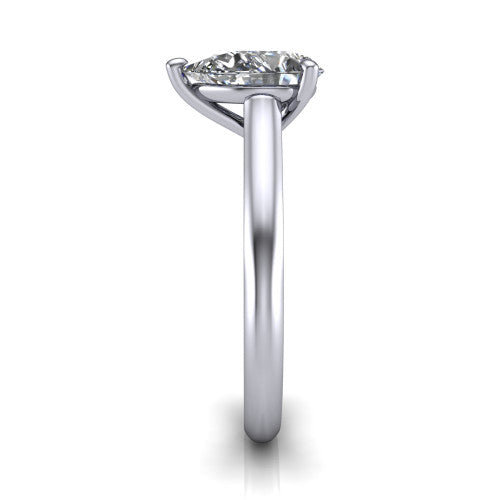 Saylor pear solitaire engagement ring in 18K White Gold, side profile showing the cathedral head, filigree gallery scrolls, and tapered polished shank
