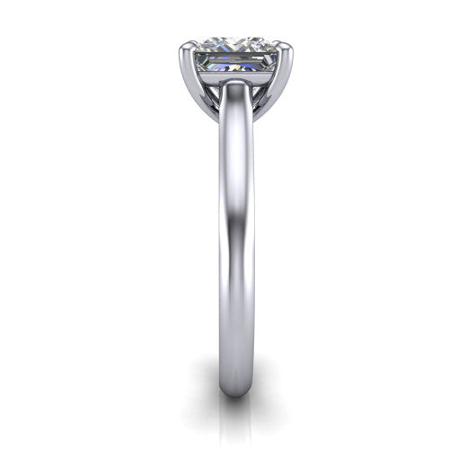 Saylor princess solitaire engagement ring in 18K White Gold, side profile showing the cathedral head, filigree gallery scrolls, and tapered polished shank