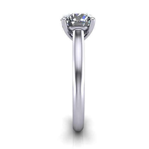 Saylor round solitaire engagement ring in 14K White Gold, side profile showing the cathedral head, filigree gallery scrolls, and tapered polished shank