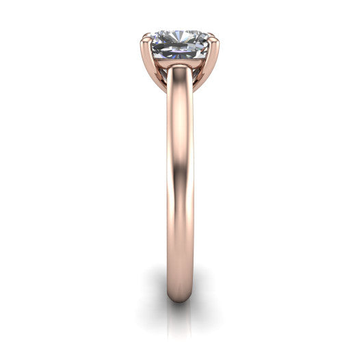 Saylor cushion solitaire engagement ring in 18K Rose Gold, side profile showing the cathedral head, filigree gallery scrolls, and tapered polished shank