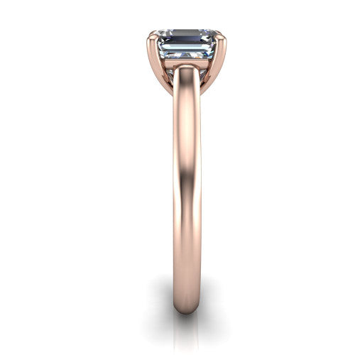 Saylor square emerald solitaire engagement ring in 14K Rose Gold, side profile showing the cathedral head, filigree gallery scrolls, and tapered polished shank