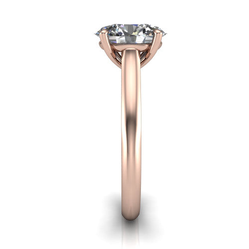 Saylor oval solitaire engagement ring in 18K Rose Gold, side profile showing the cathedral head, filigree gallery scrolls, and tapered polished shank